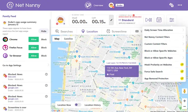 Screenshot of the Net Nanny parental control app, an industry leader among Accountability Apps, showing browser access controls, a map with a New York location pinned, and various web filtering and monitoring options.