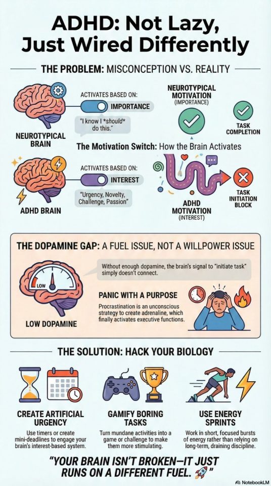 Infographic explaining ADHD misconceptions, dopamine gap, and strategies to improve motivation and focus, using diagrams of brain activation and actionable tips at the bottom.