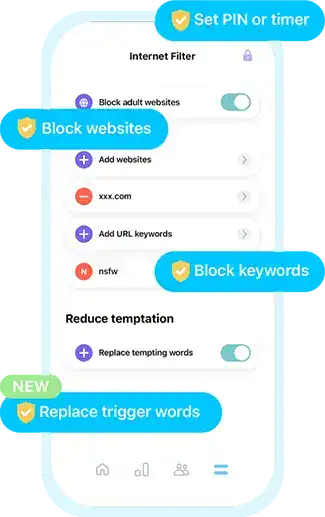 A smartphone screen displays an internet filter and accountability app with options to block adult websites, block specific sites or keywords, and replace trigger words.