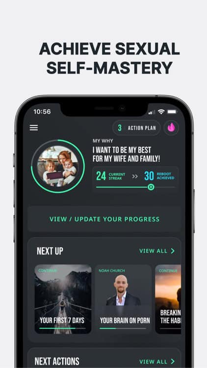 A smartphone screen displays an accountability app interface focusing on sexual self-mastery, with progress tracking and educational video modules.