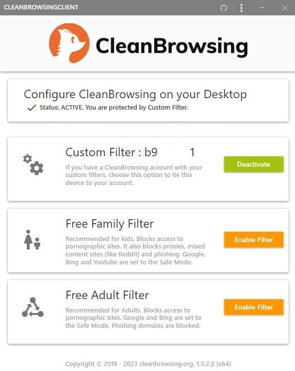 CleanBrowsing software interface displaying an active custom filter, with options to deactivate it or enable Free Family Filter or Free Adult Filter—perfect for those seeking enhanced web content control through Accountability Apps.