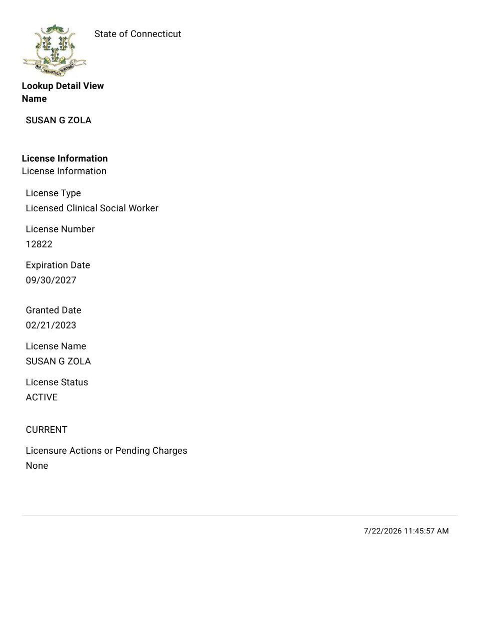 Connecticut license detail for Susan G Zola, Clinical Social Worker; license number 12822; active, expires 09/30/2027; no pending actions or charges; issued 02/21/2023.