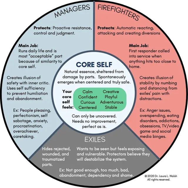 A circular diagram illustrating the "Core Self" in IFS, surrounded by three roles: Managers, Firefighters, and Exiles, each with different behaviors and functions.