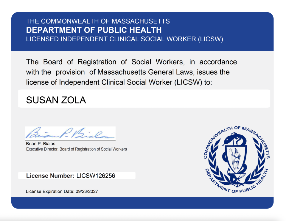 A Massachusetts Department of Public Health license for Independent Clinical Social Worker issued to Susan Zola, expiring on 09/23/2027.