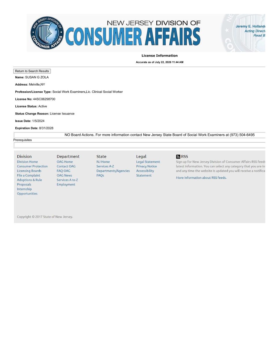 A license record from the New Jersey Division of Consumer Affairs for Susan Zhou, a licensed clinical social worker, showing status as active and no board actions, dated July 23, 2019.