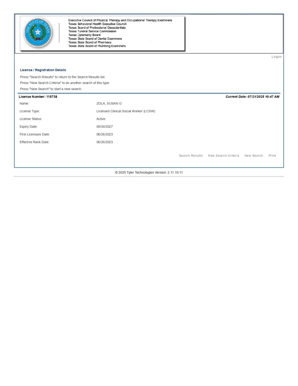 A webpage displays details of a Licensed Clinical Social Worker, including name, license number, status as active, and expiration date of 06/29/2025.