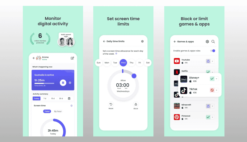 Three mobile app screens show features: monitoring digital activity, setting screen time limits, and blocking or limiting games and apps like YouTube, Disney+, TikTok, and Minecraft—all essential tools found in leading Accountability Apps.
