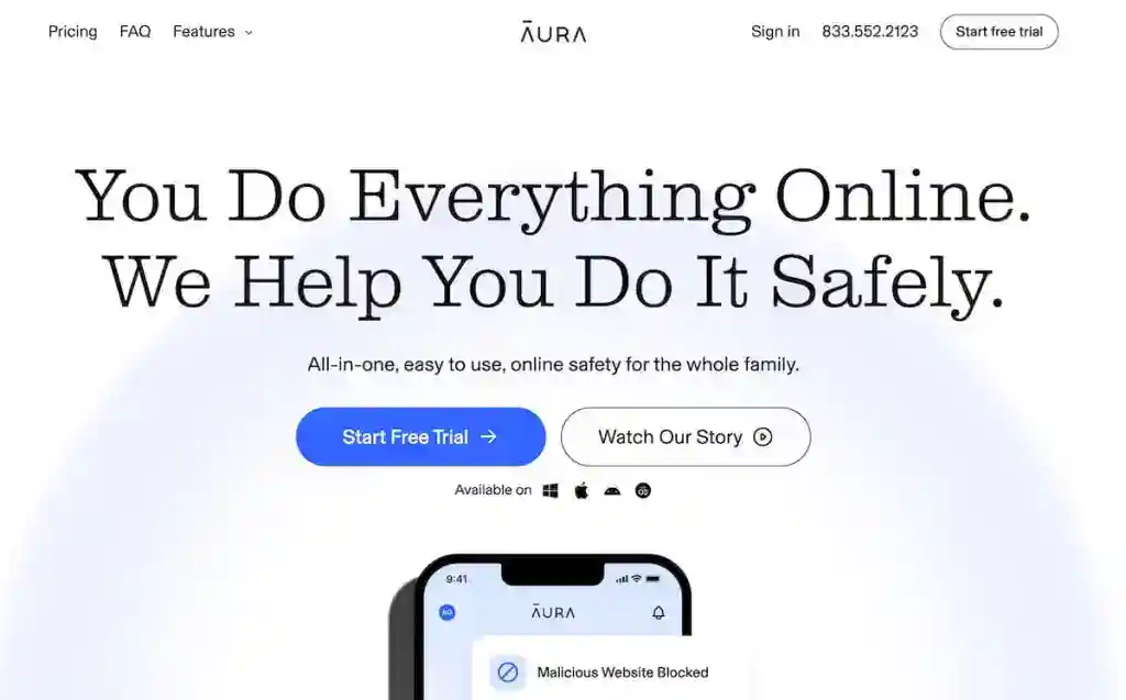 Aura website homepage showcasing a headline about online safety, navigation menu, call-to-action buttons, and an image of a smartphone displaying a security alert—highlighting the benefits of Accountability Apps for secure browsing.