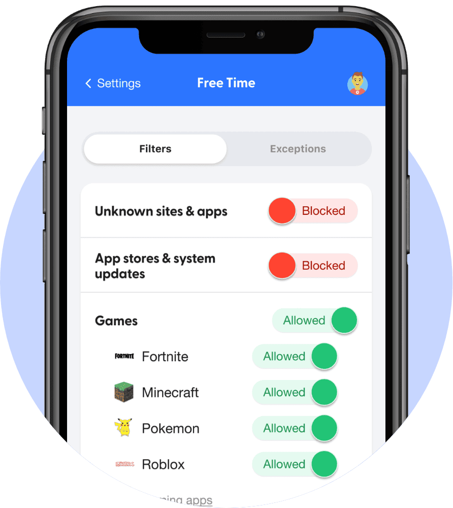 A smartphone screen displays parental control and accountability apps settings, showing certain apps blocked and games like Fortnite, Minecraft, Pokemon, and Roblox allowed.
