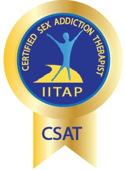 Gold and blue badge displaying "Certified Sex Addiction Therapist IITAP" with a ribbon labeled "CSAT" and a stylized human figure in the center.