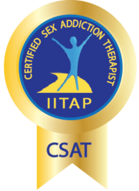 A gold and blue badge reads "Certified Sex Addiction Therapist, IITAP" with a ribbon labeled "CSAT," representing the CSATS credential and featuring a stylized human figure in the center.