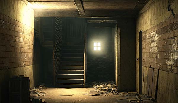 Dimly lit, abandoned basement with cracked walls, debris on the floor, a wooden staircase, and light coming through a small window.