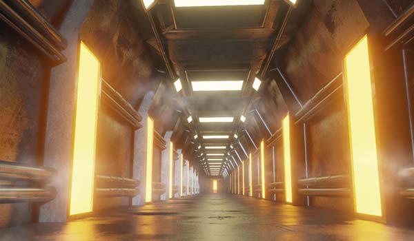 A futuristic corridor with illuminated yellow panels on the walls, overhead lights, exposed pipes, and a hazy atmosphere.