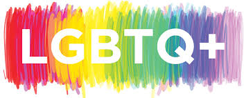 LGBTQ+ text in white appears over a vibrant, rainbow-colored brushstroke background, celebrating LGBTQ+ pride.