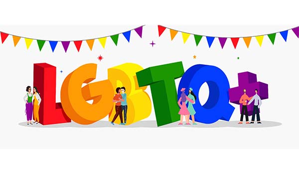 Large, colorful 3D letters spelling "LGBTQ+" with diverse couples standing near each letter, under a string of rainbow flags on a white background.
