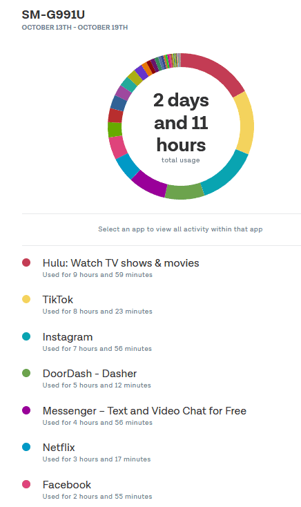 A usage summary chart shows 2 days and 11 hours total app usage from October 13th to 19th, with Accountability Apps, Hulu, TikTok, Instagram, DoorDash, Messenger, Netflix, and Facebook listed by time used.