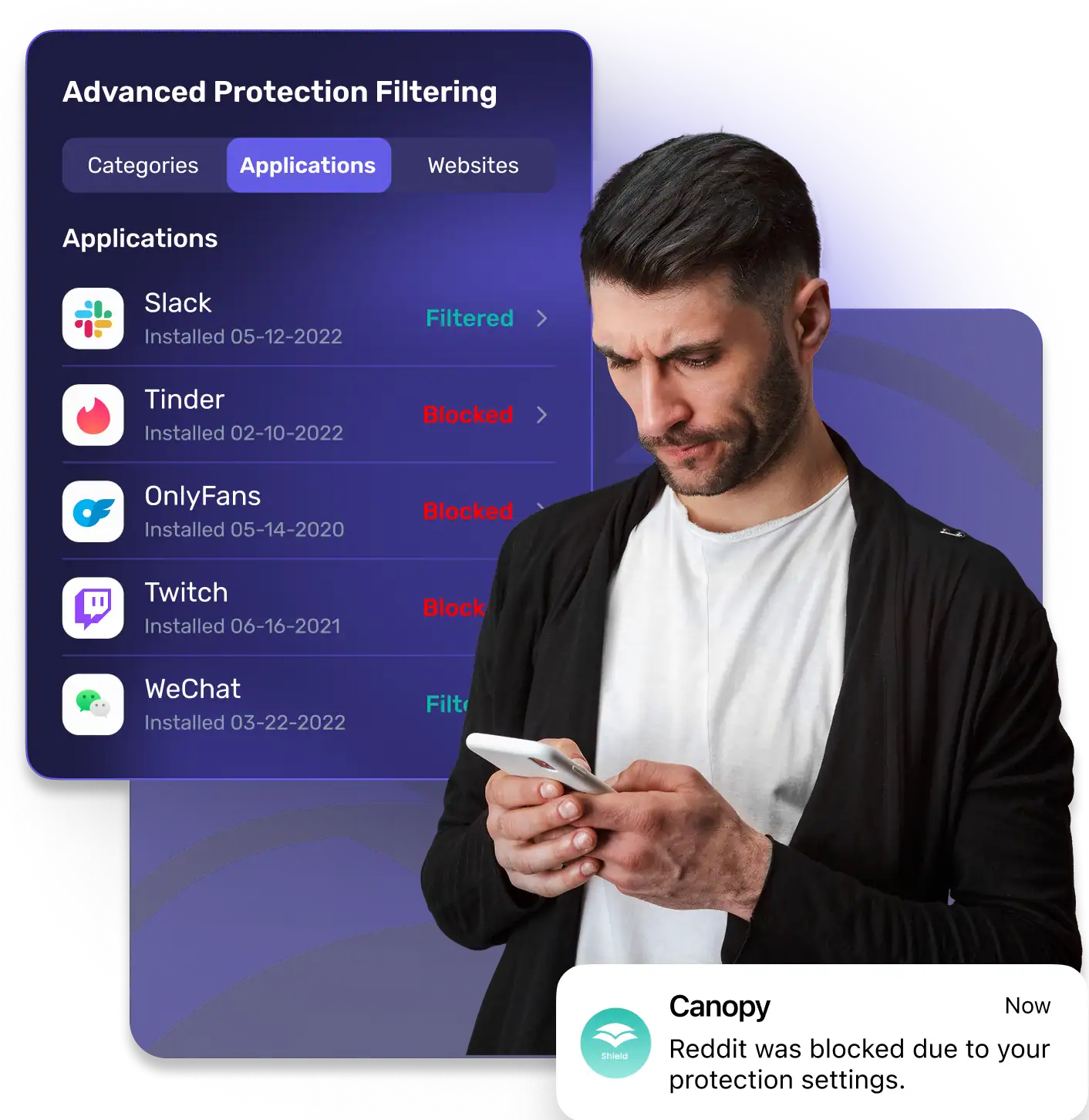 A man looks at his phone; behind him, a digital interface for Accountability Apps displays app filtering statuses, and a notification says Reddit was blocked by protection settings.