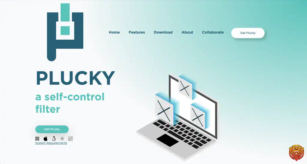 Screenshot of a website homepage for "Plucky," a self-control filter and accountability app, featuring a logo, navigation menu, laptop graphic, and buttons to get the software.
