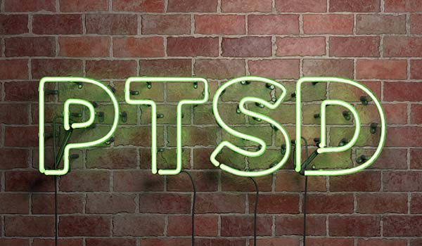 Green neon letters spelling "PTSD" are mounted on a red brick wall.