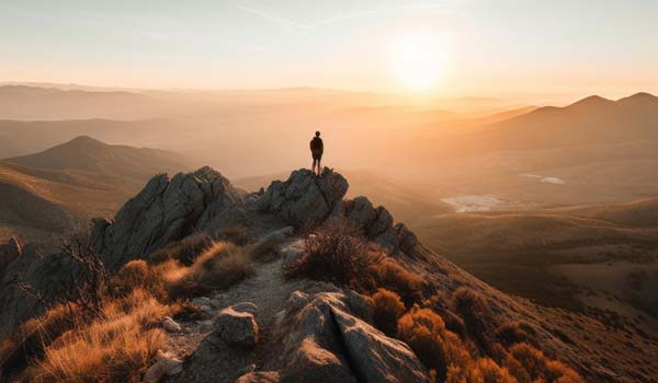 A person stands on a rocky mountain ridge at sunrise, overlooking a vast landscape of hills and valleys under a hazy sky.