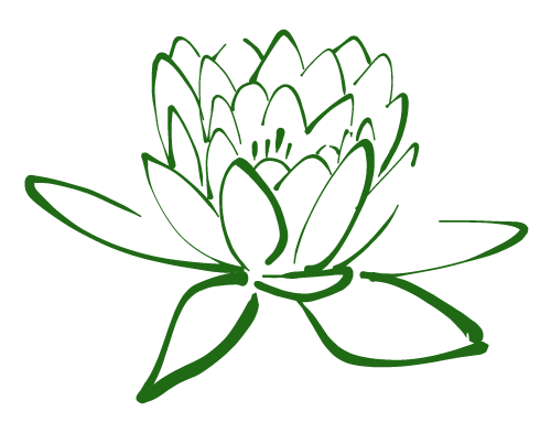Simple green line drawing of a lotus flower with petals and leaves visible.