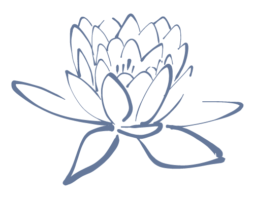 Simple line drawing of a lotus flower with open petals and two leaves, depicted in a minimalist style.