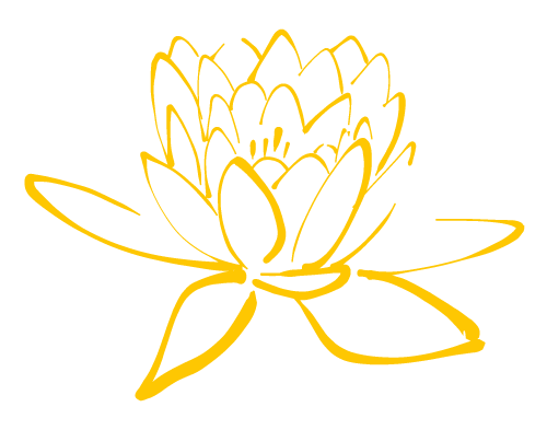 A simple, yellow line drawing of a lotus flower with open petals and two leaves.