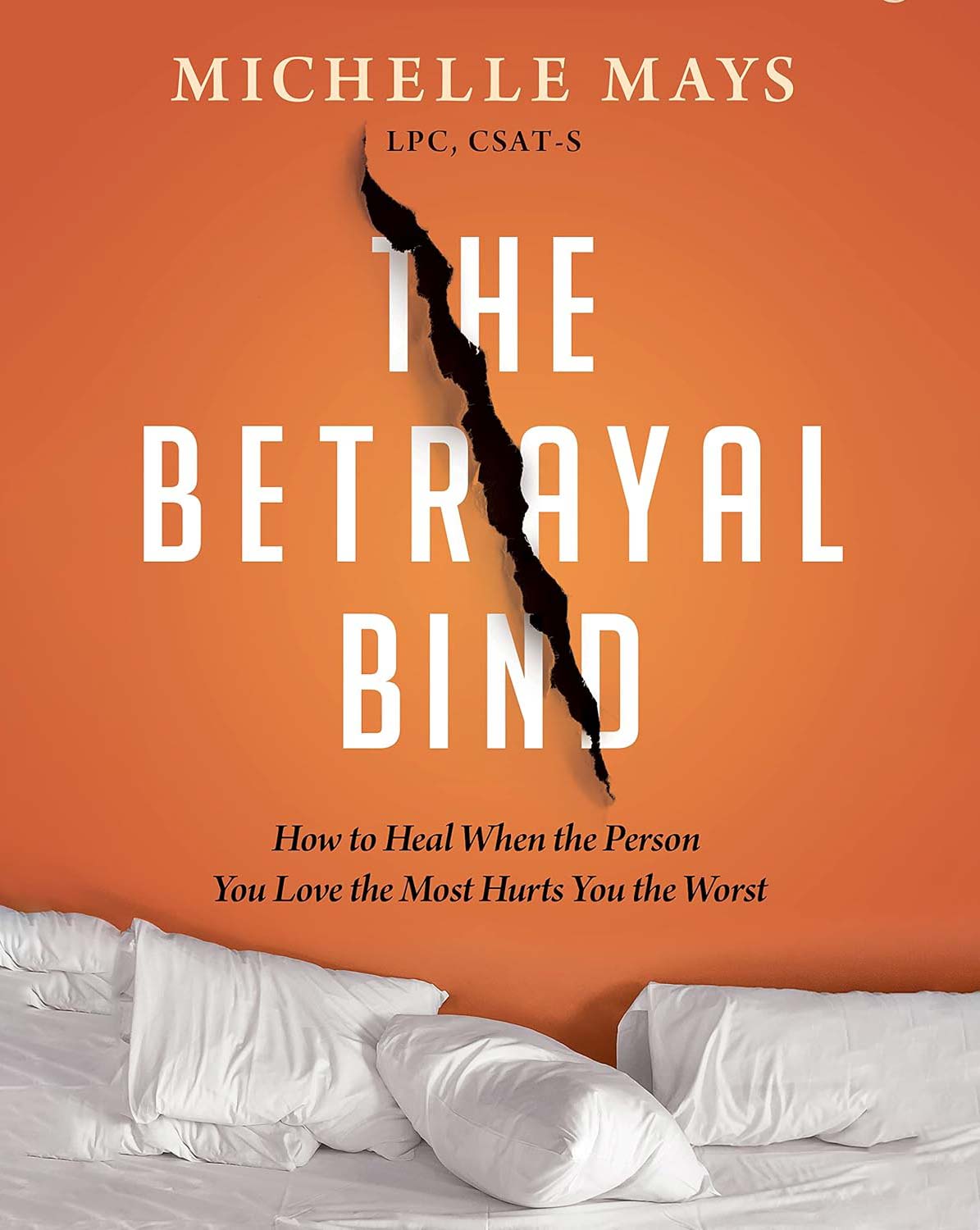 The cover of "The Betrayal Bind" by Michelle Mays features a torn title on an orange background above a rumpled white bed.