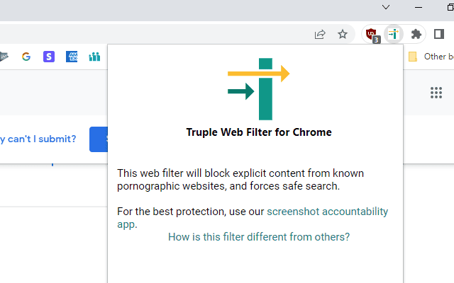 A pop-up window from Truple Web Filter for Chrome explains that it blocks explicit content and enforces safe search, with a link to one of the top accountability apps for added protection.