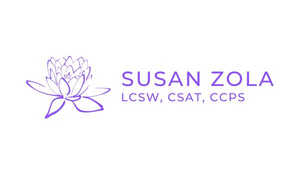 Purple lotus flower line drawing next to the name "Susan Zola" and credentials "LCSW, CSAT, CCPS" in bold purple text on a white background.